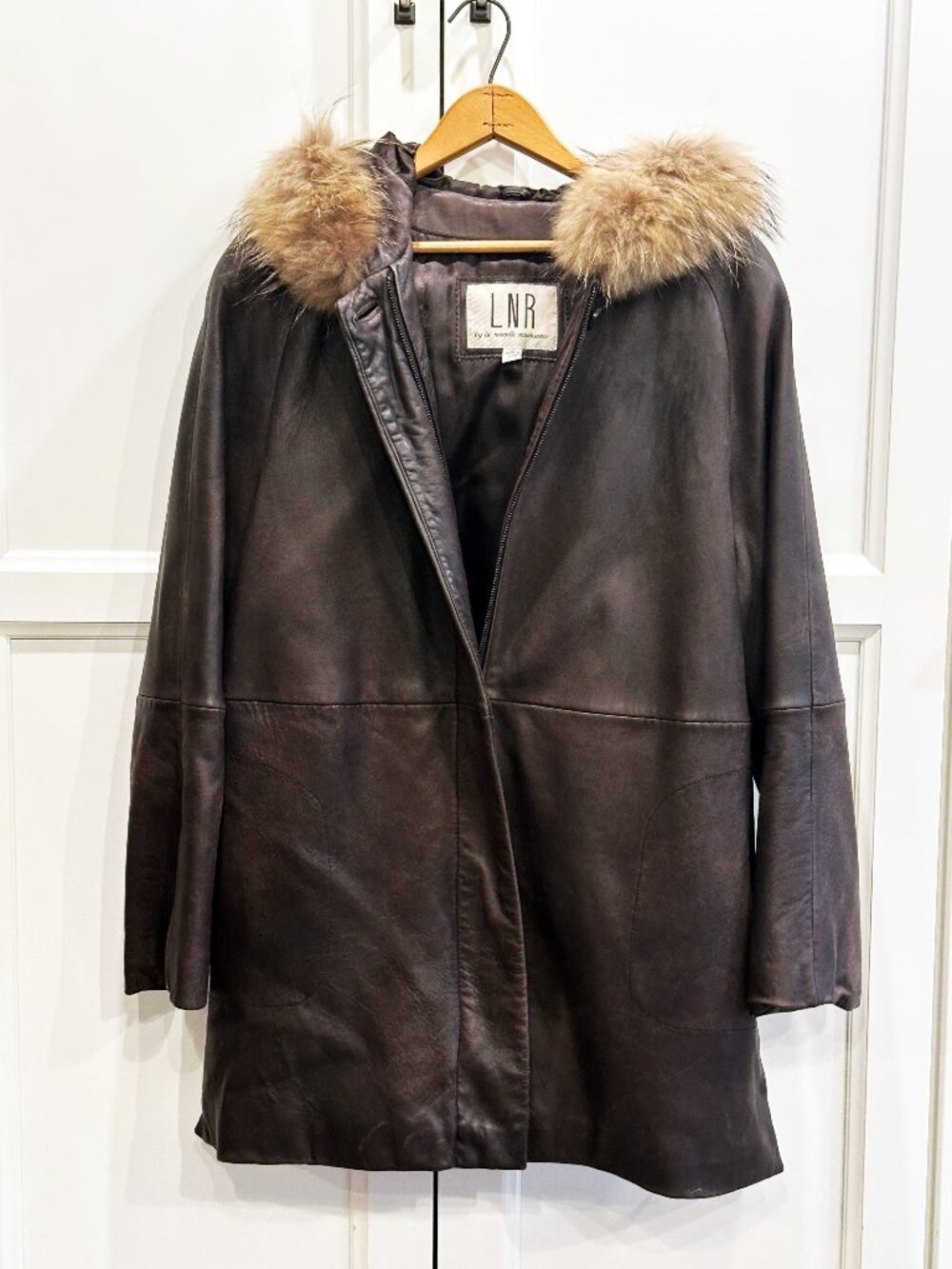 LNR by La Nouvelle Renaissance Brown Genuine Leather Hooded Coat – Fur Trim – Si